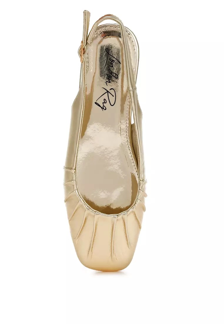 Sepatu Slingback Datar Ujung Persegi Metalik Warna Emas