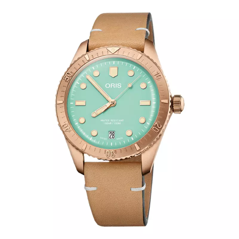 Jam Tangan Pria Oris Divers Sixty-Five 01-733-7771-3157-07-5-19-04BR Cotton Candy L. Green Dial Brown Leather Strap