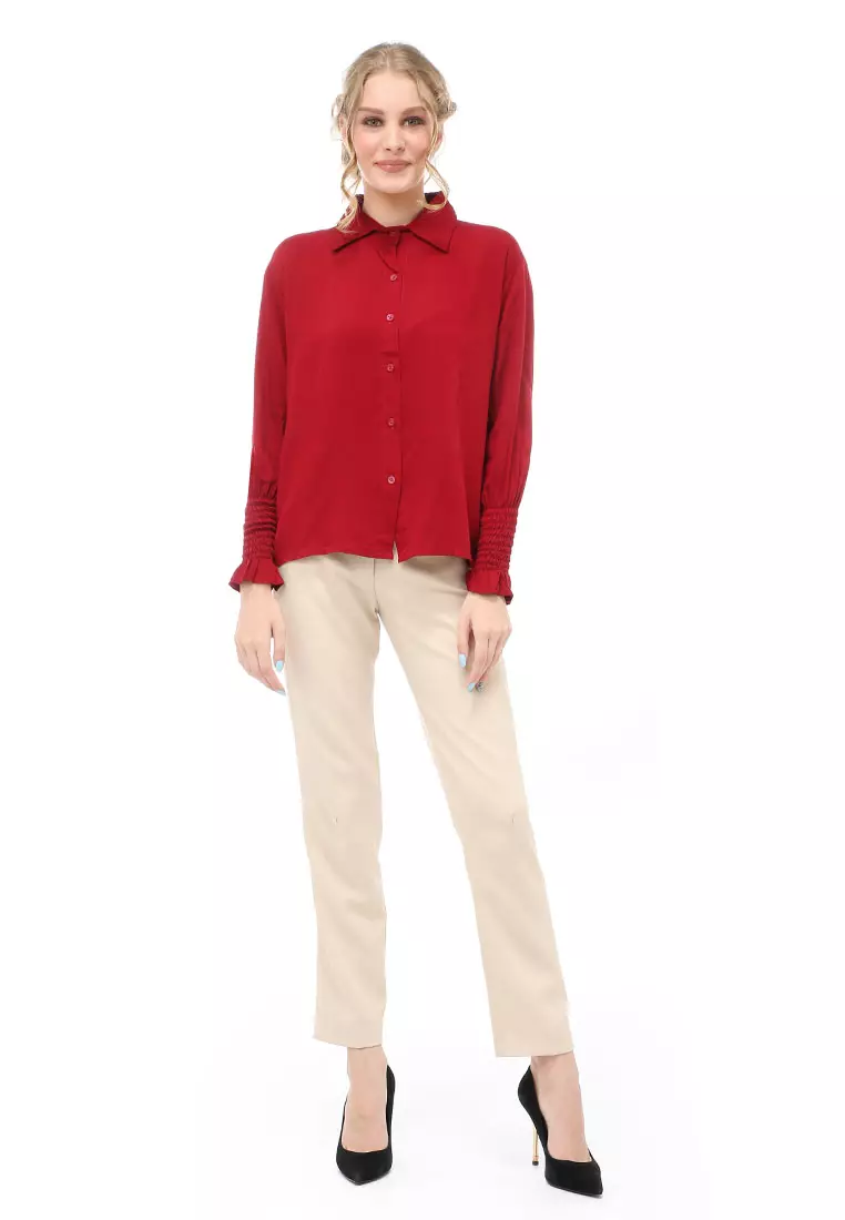Holly Kemeja Atasan Kasual Wanita Model Lengan Karet Material Twill rayon ORIGINAL - Maroon