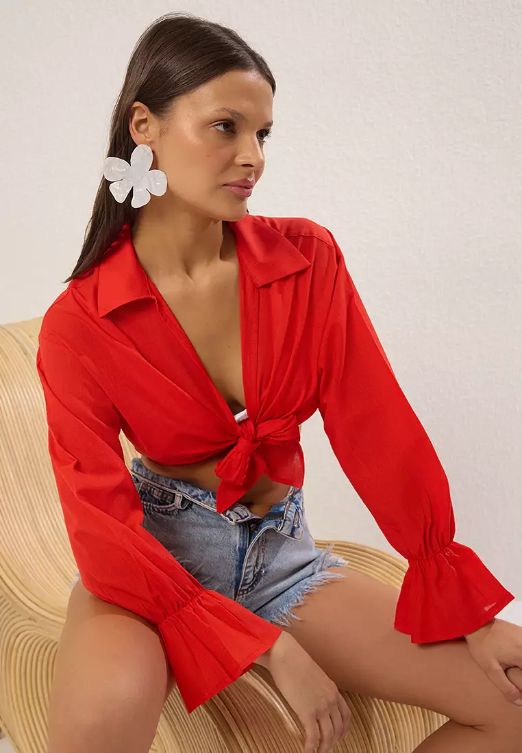 Red Crop Knitted 100% Cotton Beach Blouse Tbess25Bz00012