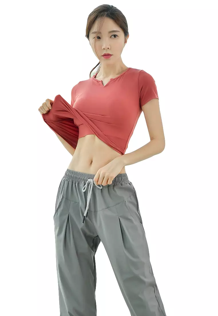 woman yoga t-shirt sport top pleated waist contrast color quick