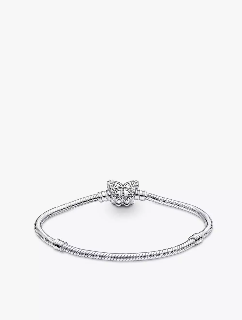 Snake chain sterling silver bracelet with butterfly clasp with clear cubic zirconia