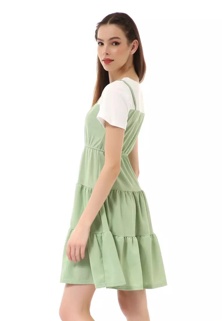 Rachel Midi Dress Wanita Lengan Pendek Model Menyatu Korean Style Material Cotton ORIGINAL - Green