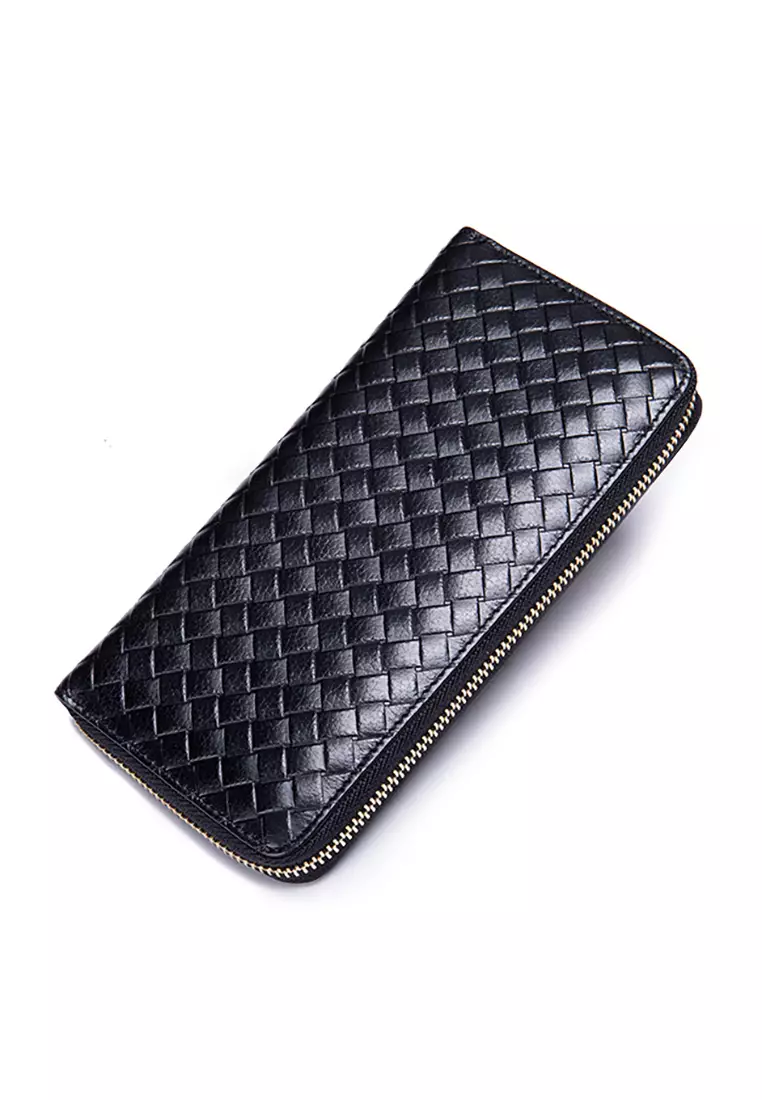 Plain Weave Genuine Leather Zipper Clutch Purse Long Wallet