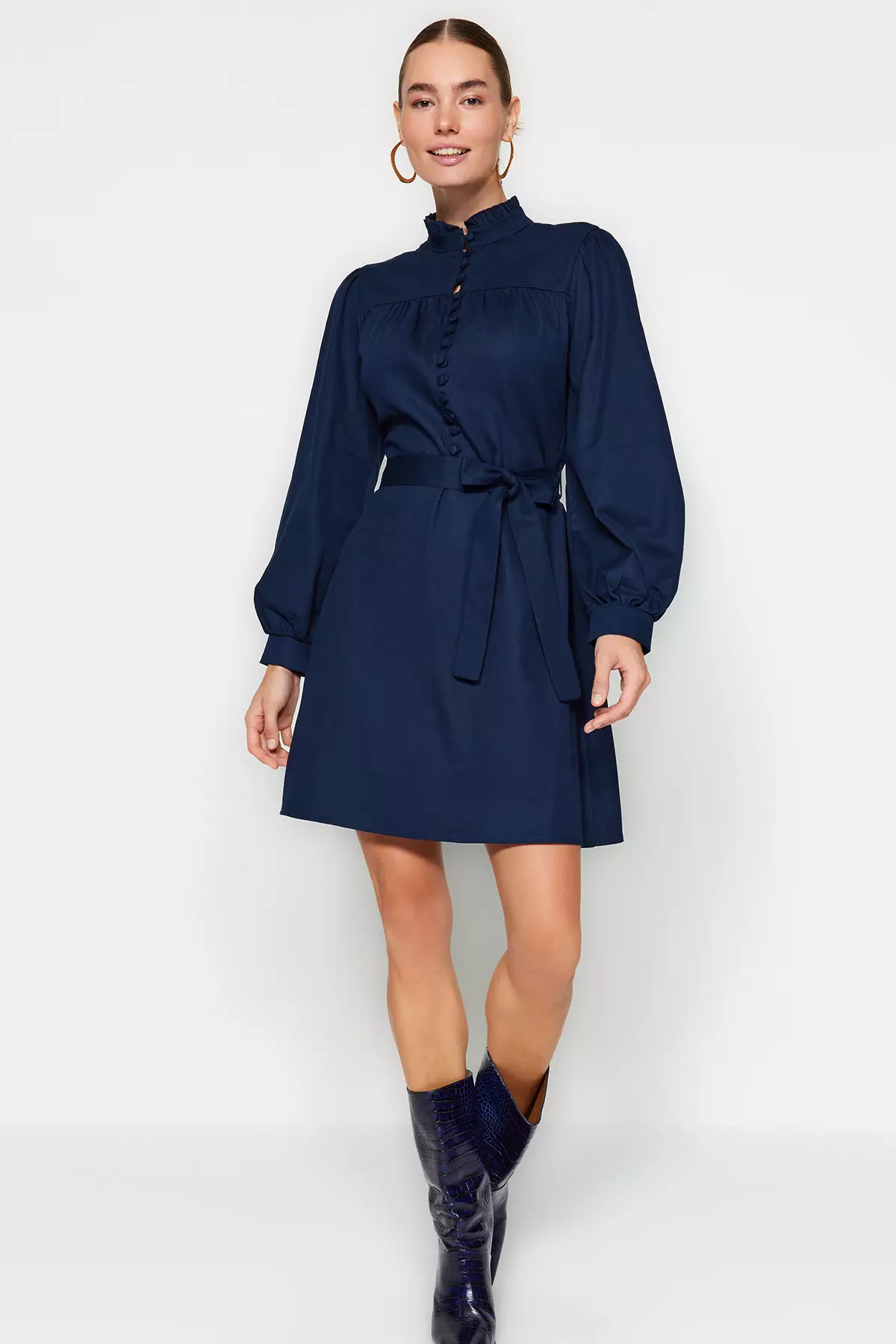 High Collar Woven Dress