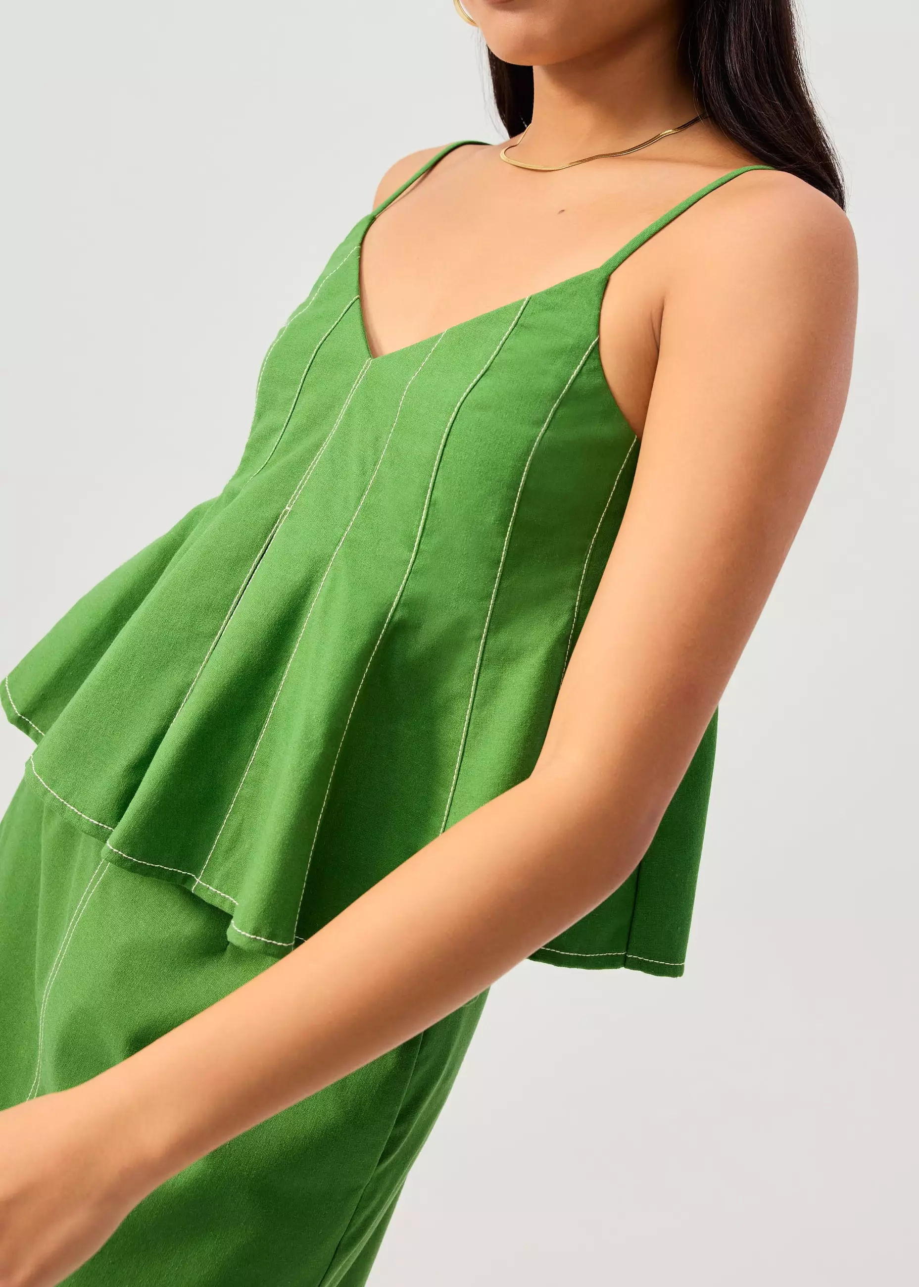 Atasan Wanita - Contrast Stitch V-neck Peplum Camisole Top