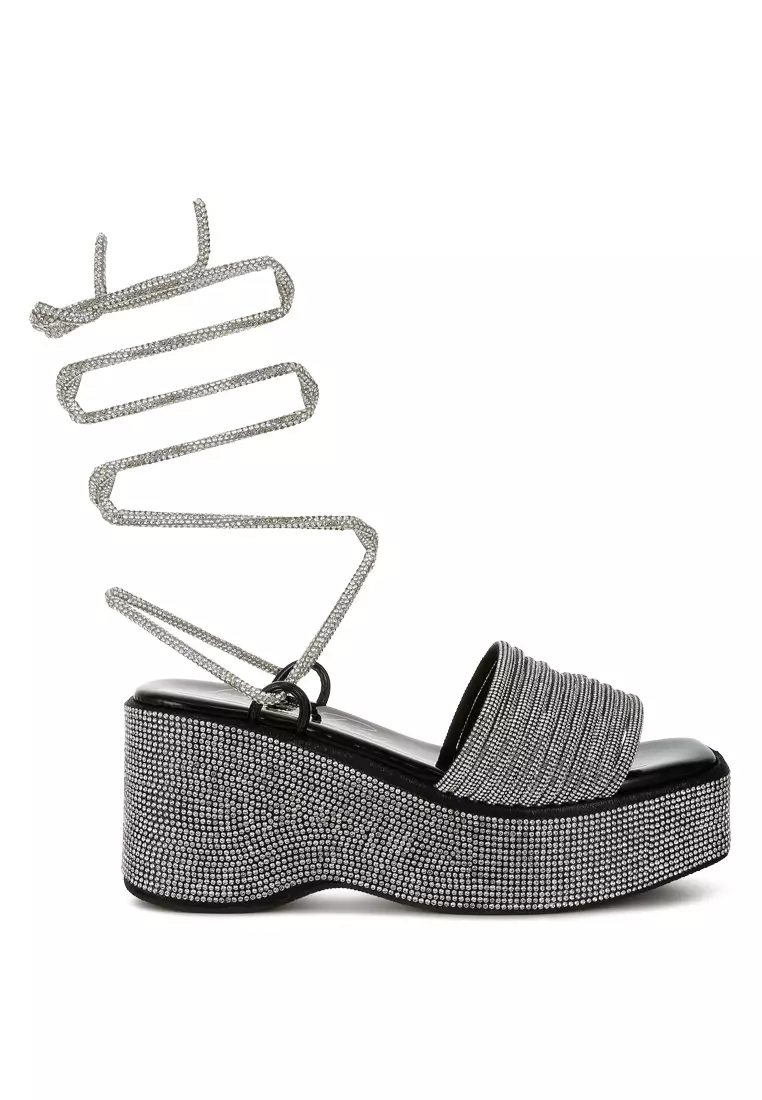 Discount on London Rag  shoes - SKU: Black Rhinestone Embellished Lace-Up Sandals