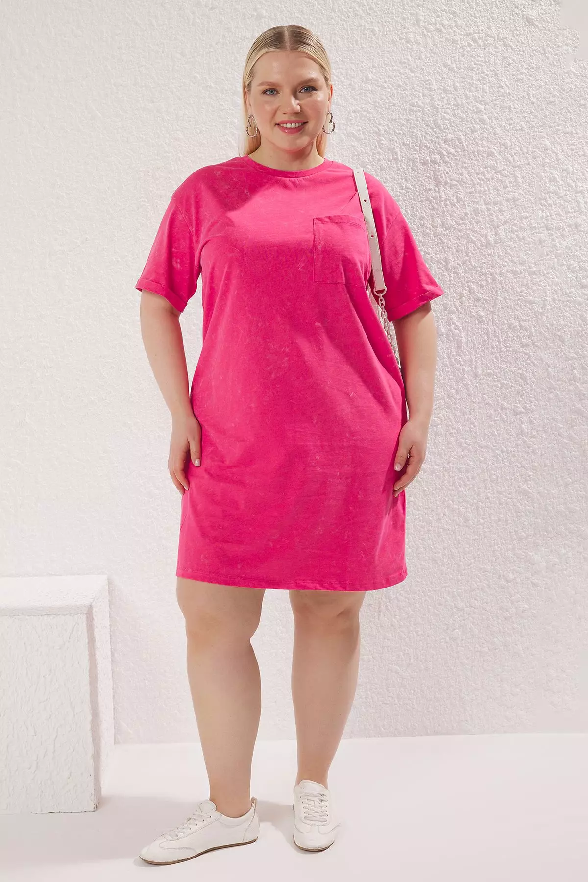 Buy Trendyol Pink Crew Neck Washed Knit Plus Size T-Shirt Dress