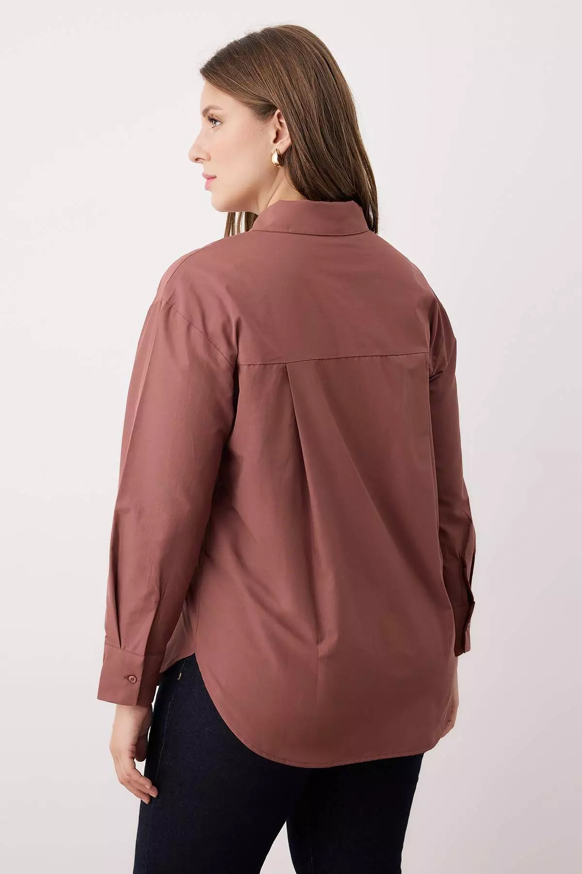 Brown Loose Fit Cotton Long Sleeve Plus Size Woven Shirt