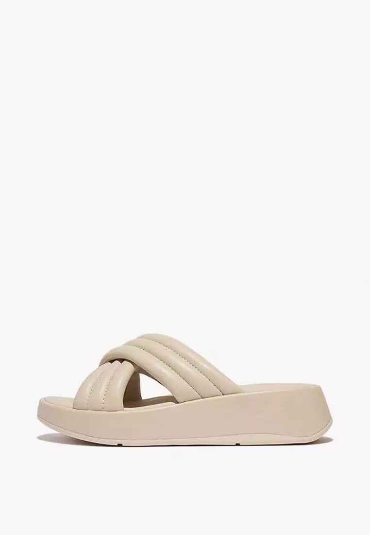 Discount on Fitflop  shoes - SKU: Fitflop F-Mode Padded Leather Flatform Cross Slides Gj5-A20- Stone Beige