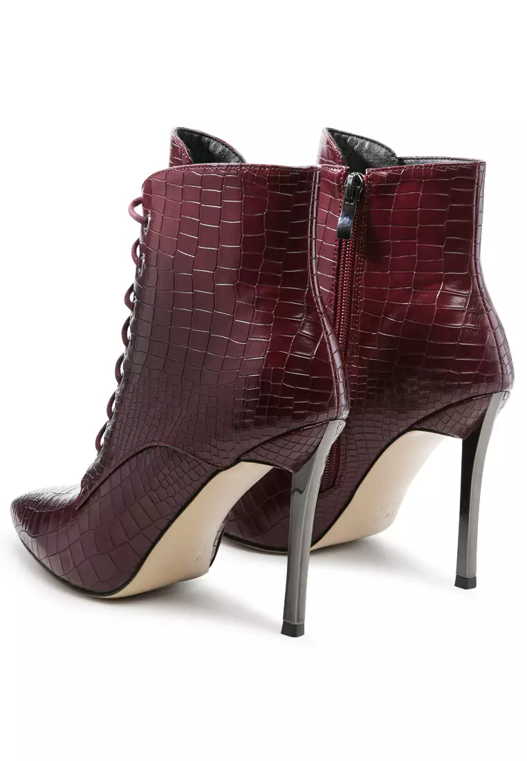 Croc Lace-Up Stiletto Boot in Burgundy