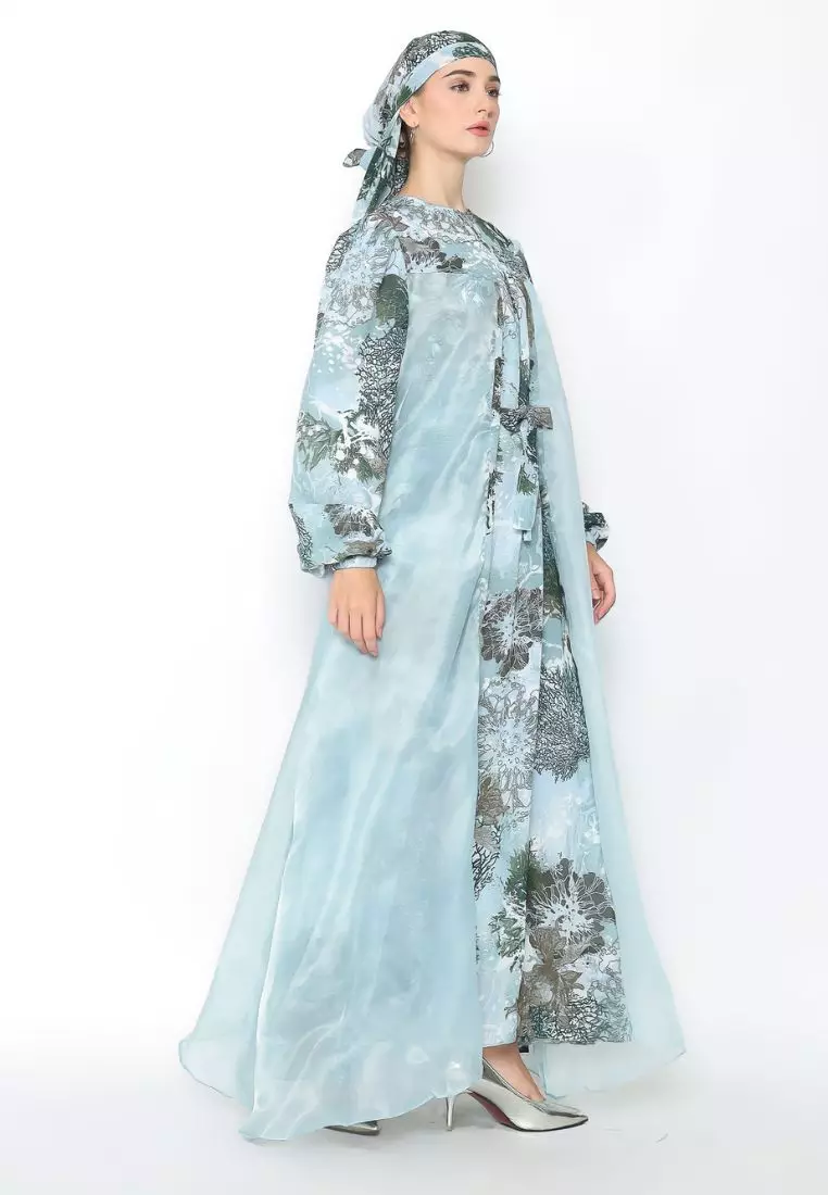 Rinjanie x Senorita  - Gamis Rosslen Mint Tea - Gamis Set Scarf Raya - Gamis Set - Gamis Printing Mix Organza - Dress Raya - Dress mix organza - GMKY - MT