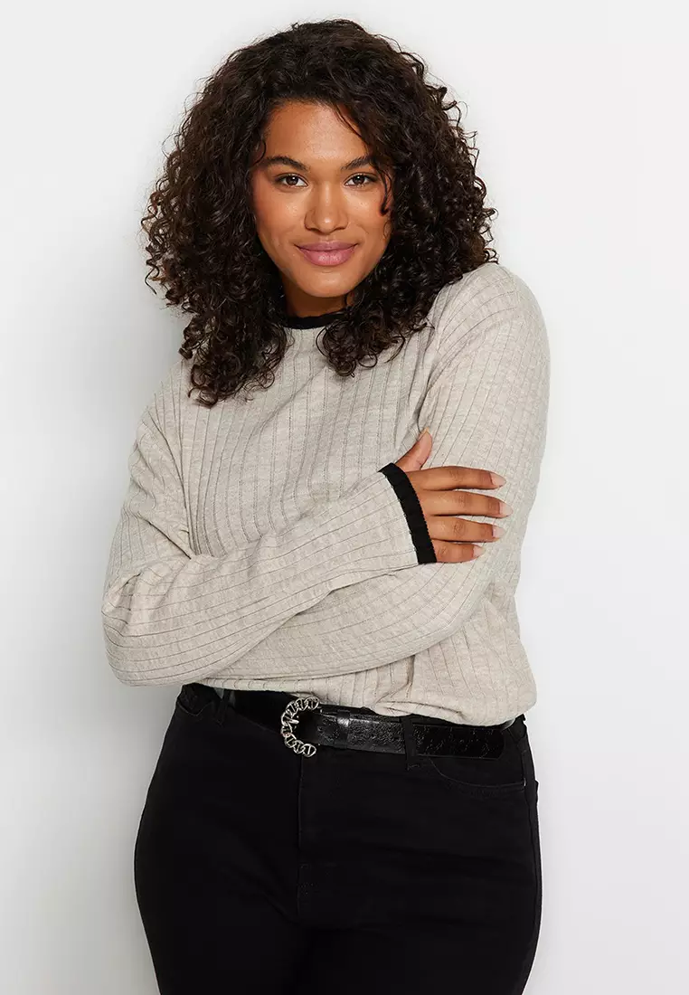 Plus Size Stripe Detailed Knitwear Sweater
