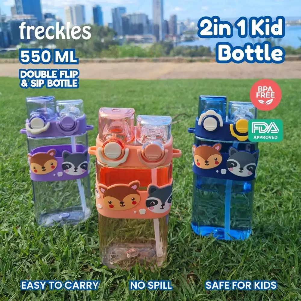 Freckles 2in1 Kids Bottle 550ml - Blue - Botol anak dengan 2 tutup botol unik