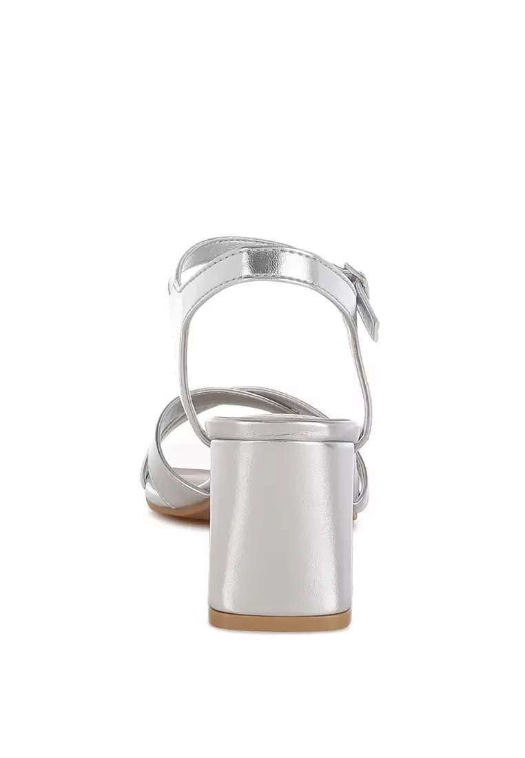 Square Toe Block Heel Sandals in Silver