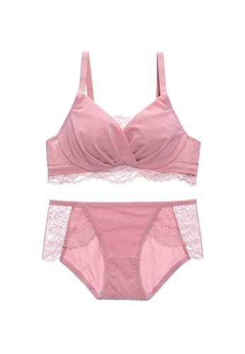 ZITIQUE pink Women's Japanese Style 3/4 Cup Lace-trimmed Lingerie Set (Bra and Underwear) - Pink 973CFUS7035175GS_1