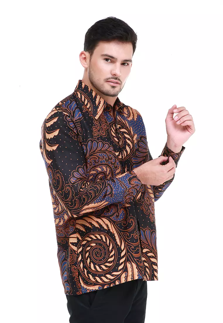 Dwan Kemeja Batik Pria Puser Motives Atasan Formal Longsleeve Shirt Material Cotton ORIGINAL - Navy