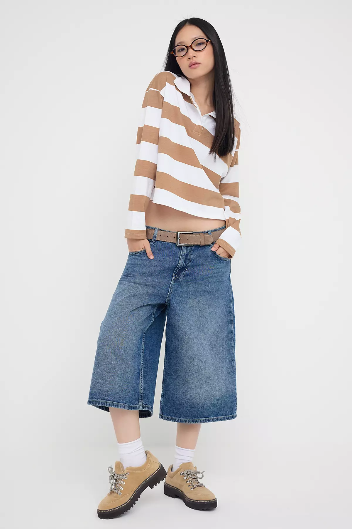 Teen Mink Striped Polo Neck Relaxed Crop/Comfortable Short Knit T-Shirt Twoaw26Ts00011