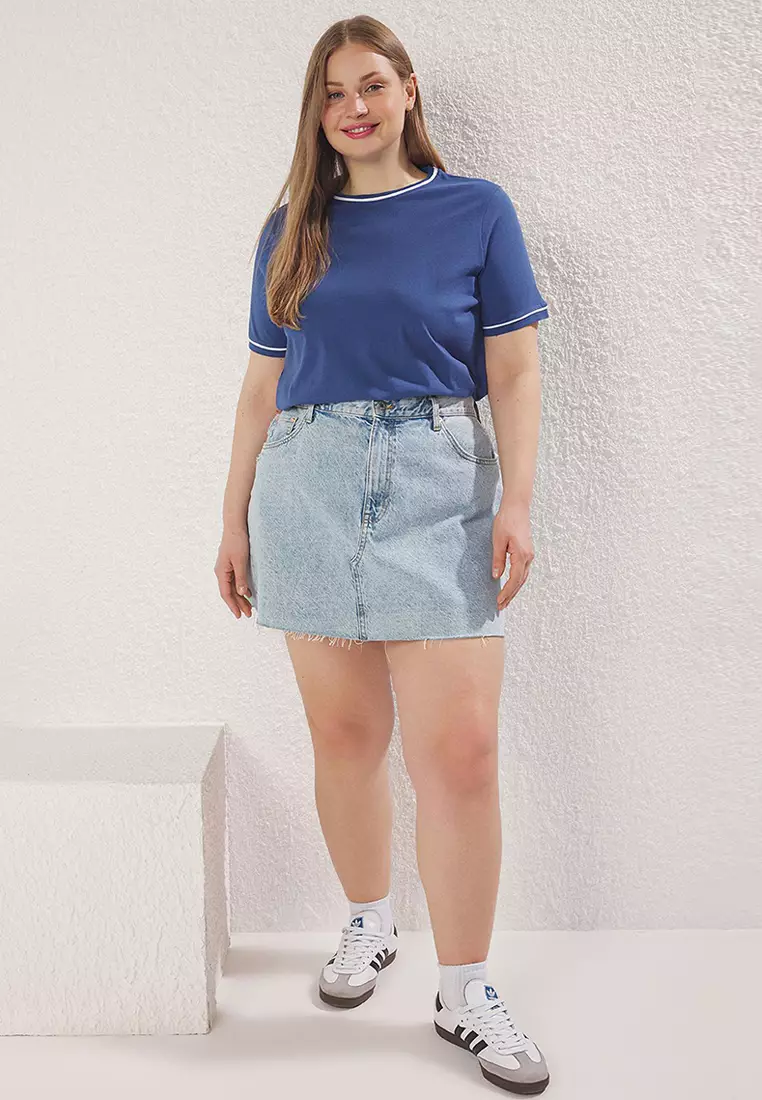 Indigo Crew Neck with Piping Detail Basic Plus Size T-shirt TBBSS25BF00050