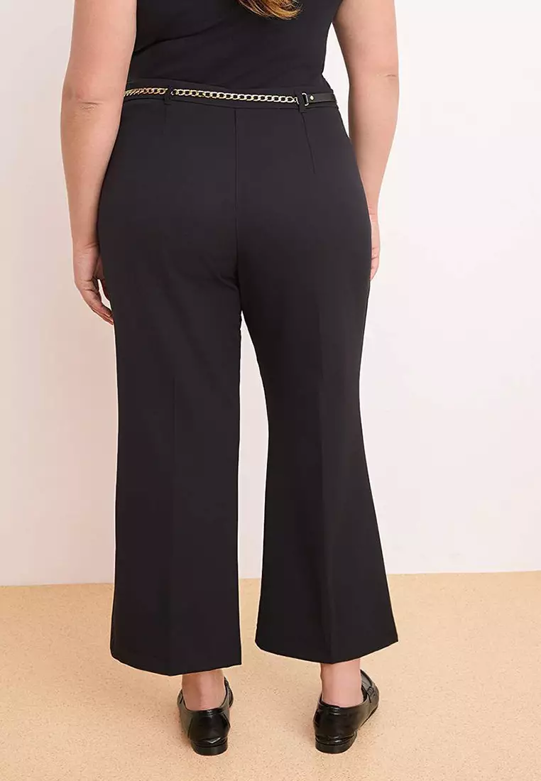 Black High Waist Pipe Leg Accessory Detailed Plus Size Woven Trousers Tbbss26Ar00015