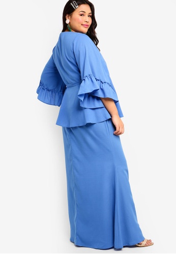 Buy Ruffles Sleeves Wrap Kurung Set from Lubna in Blue at Zalora