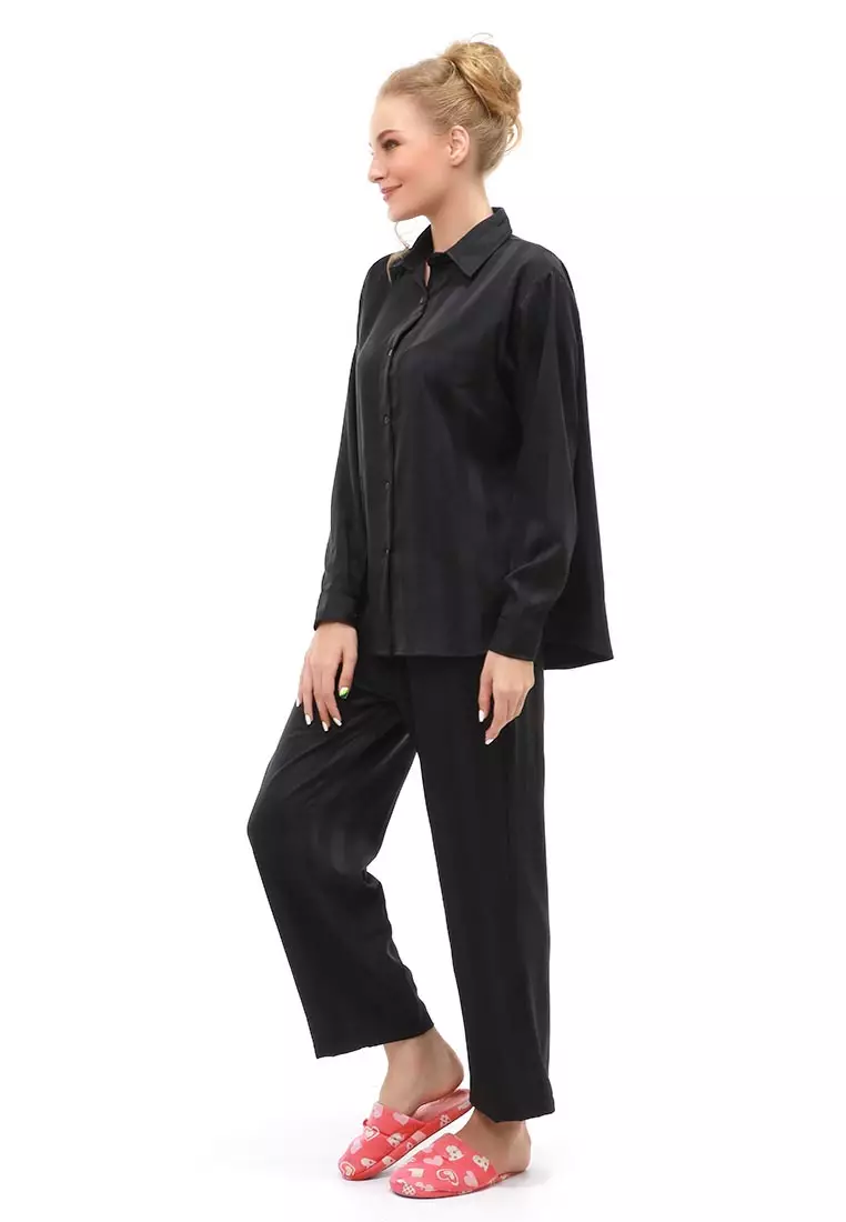 Vance Pajamas Salur Setelan Baju Tidur Wanita Lengan Panjang Material Cotton Silky ORIGINAL - Black