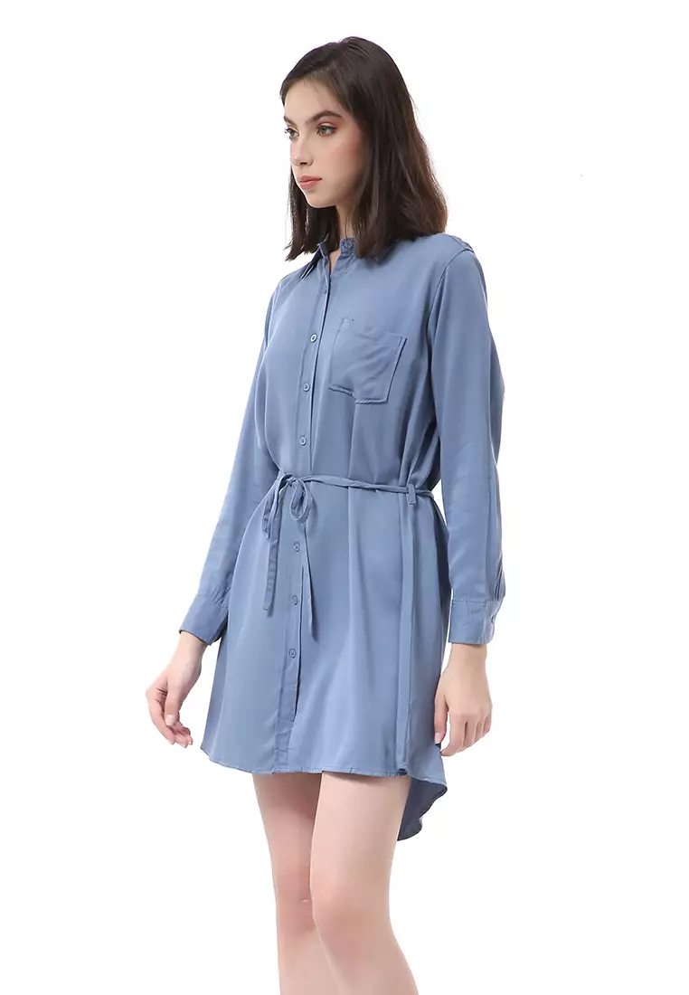 Rachel Dress Wanita Model Kemeja Full Kancing Long Sleeve Material Twill Rayon ORIGINAL - Blue