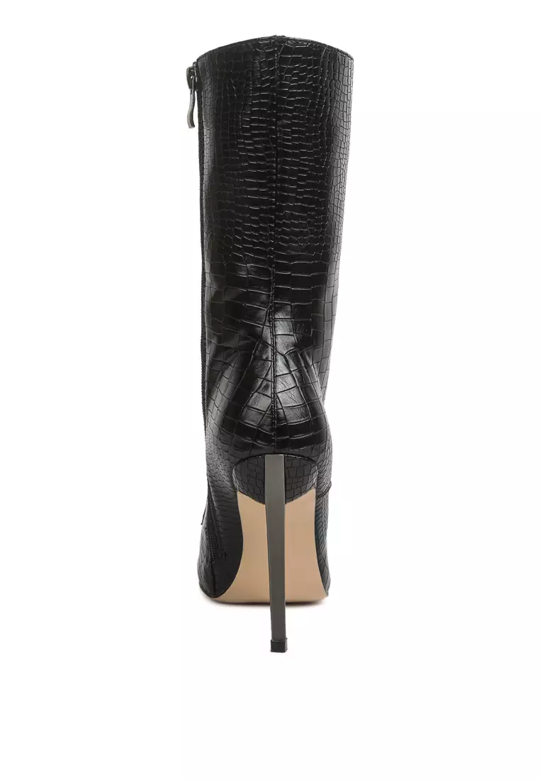 Croc Textured Over The Ankle Boots in Black