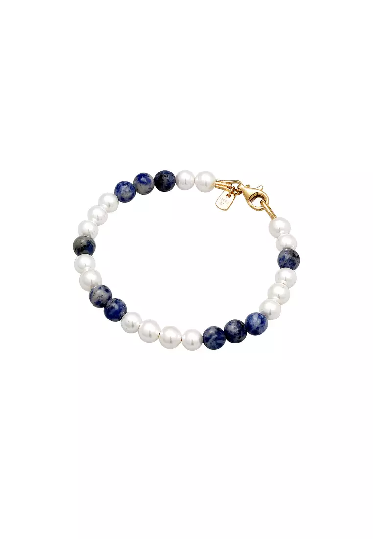 Bracelet Men Ball Agate Blue White Shell Pearls Gold Plated