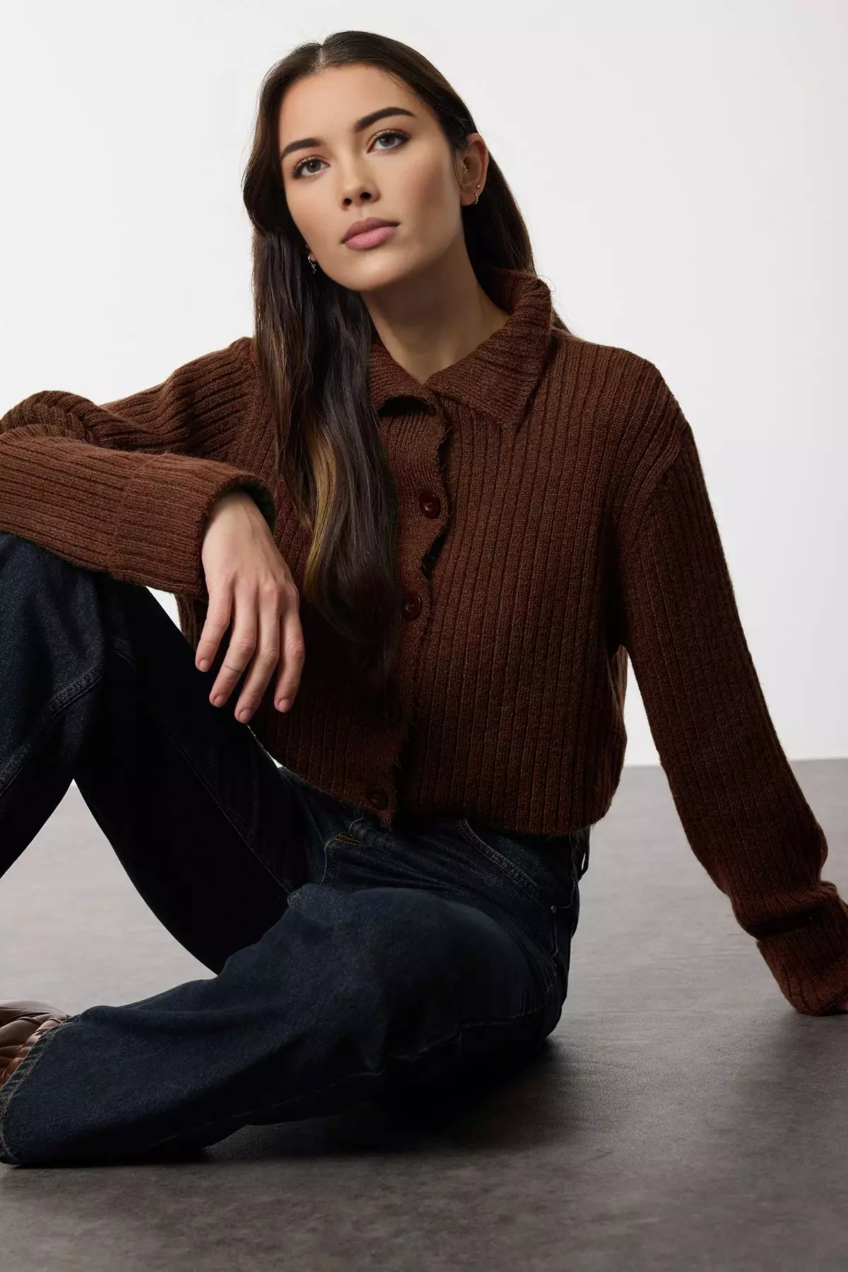 Brown Crop Soft Textured Stand Collar Knitwear Cardigan
