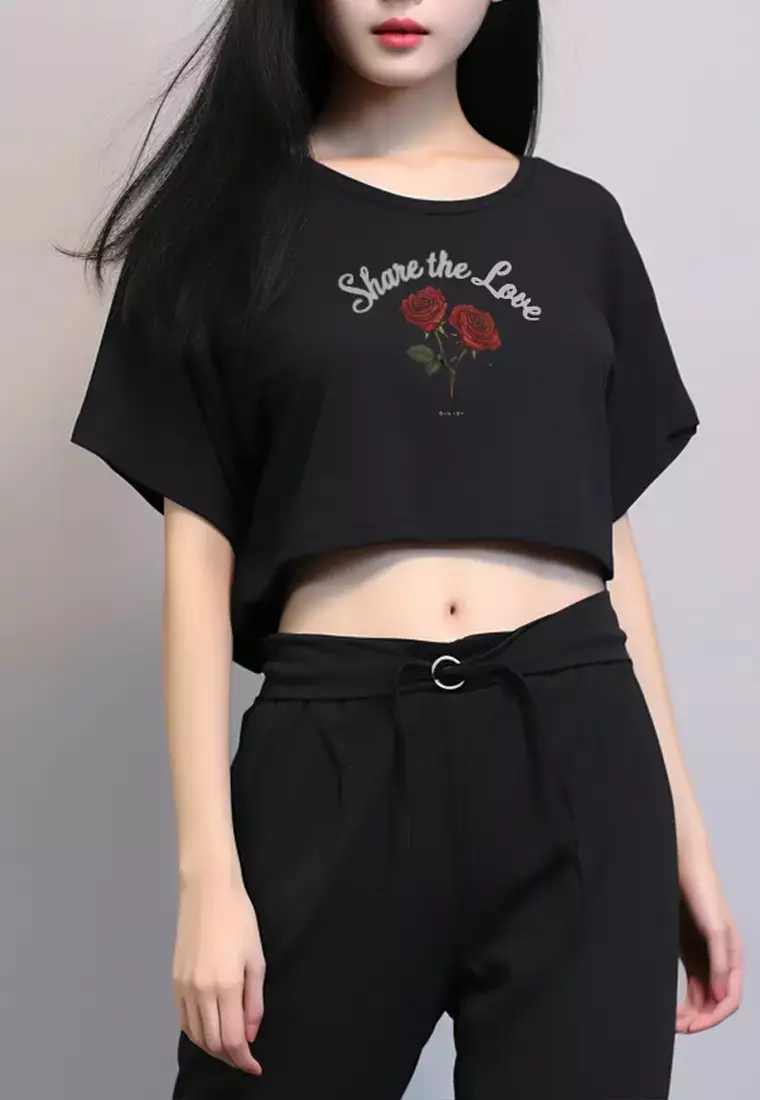 LTG35 Kaos gambar bunga mawar oversize olc "share the love" hitam