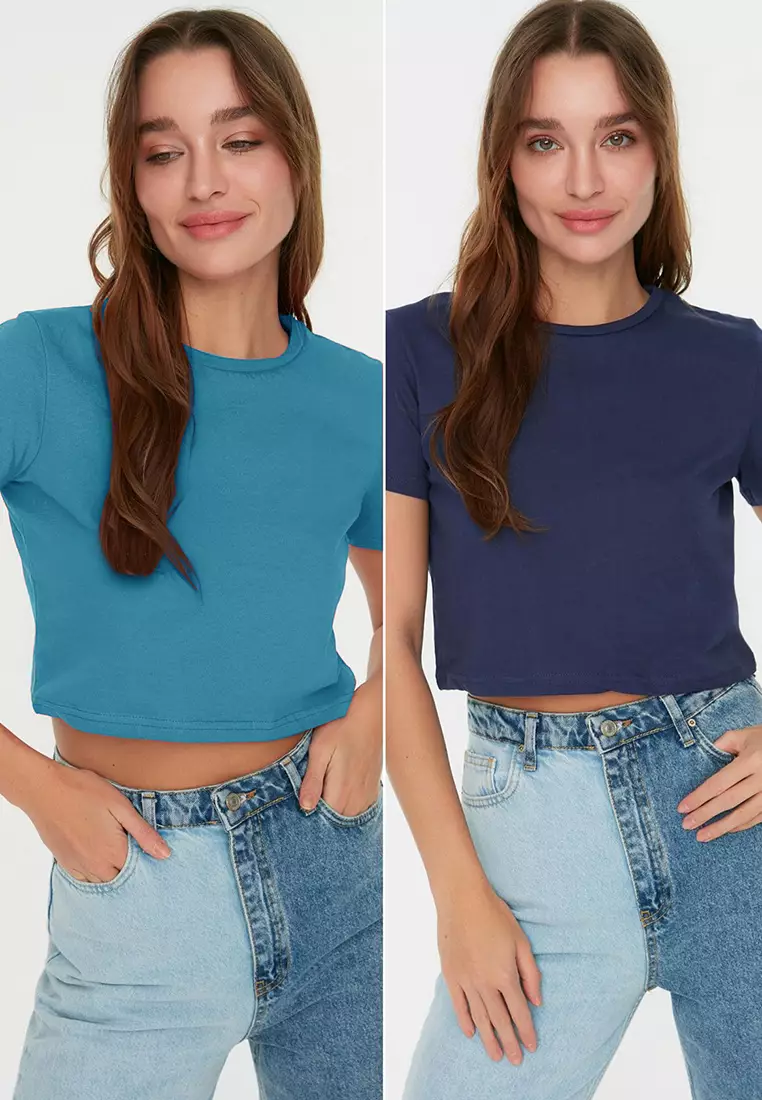Navy Blue-Turquoise 2-Piece Package Crop Crew Neck Knitted T-Shirt