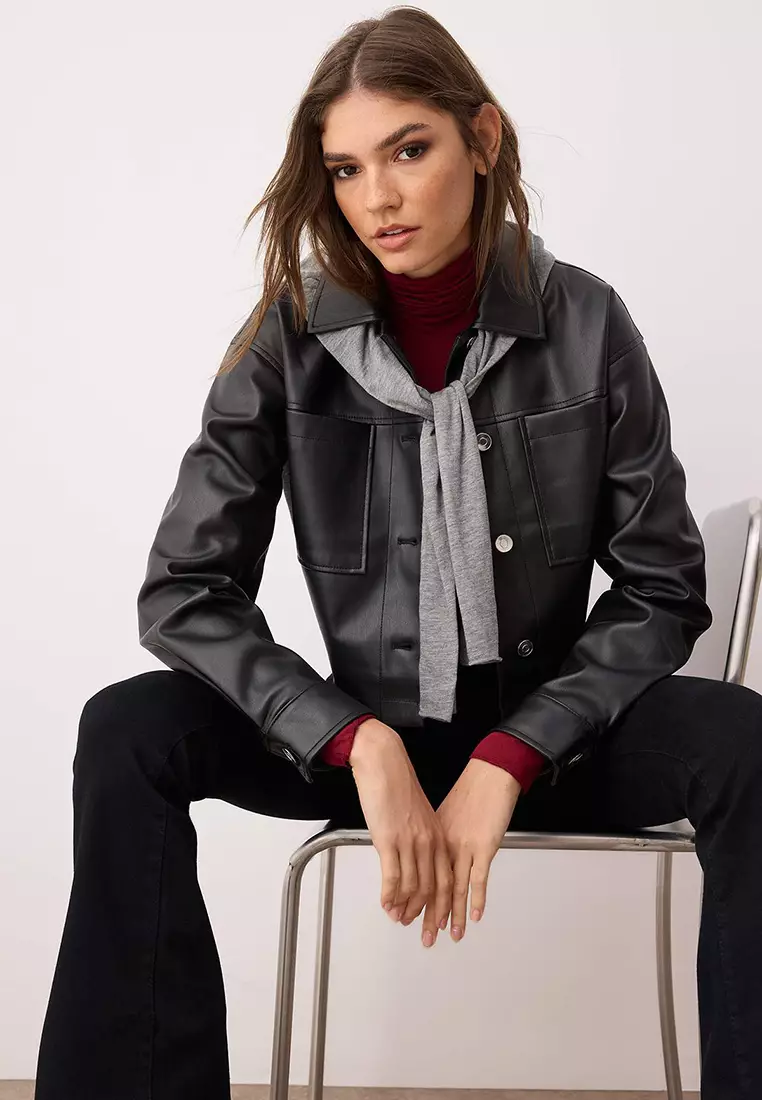 Black Regular Fit Faux Leather Slim Jacket Coats