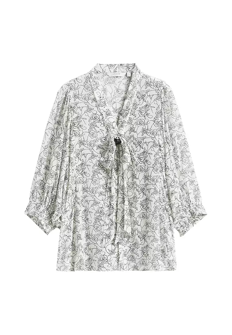 Mortif Floral Blouse with Front Ribbon Tie
