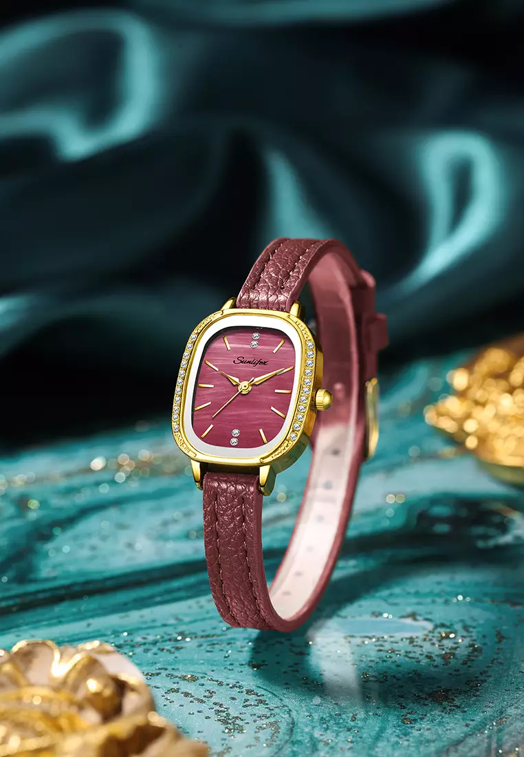 Jam Tangan Wanita Korea Elegan Berlian Vintage Dial Tali Kulit Anti Air Jam Tangan Cewek A002 red