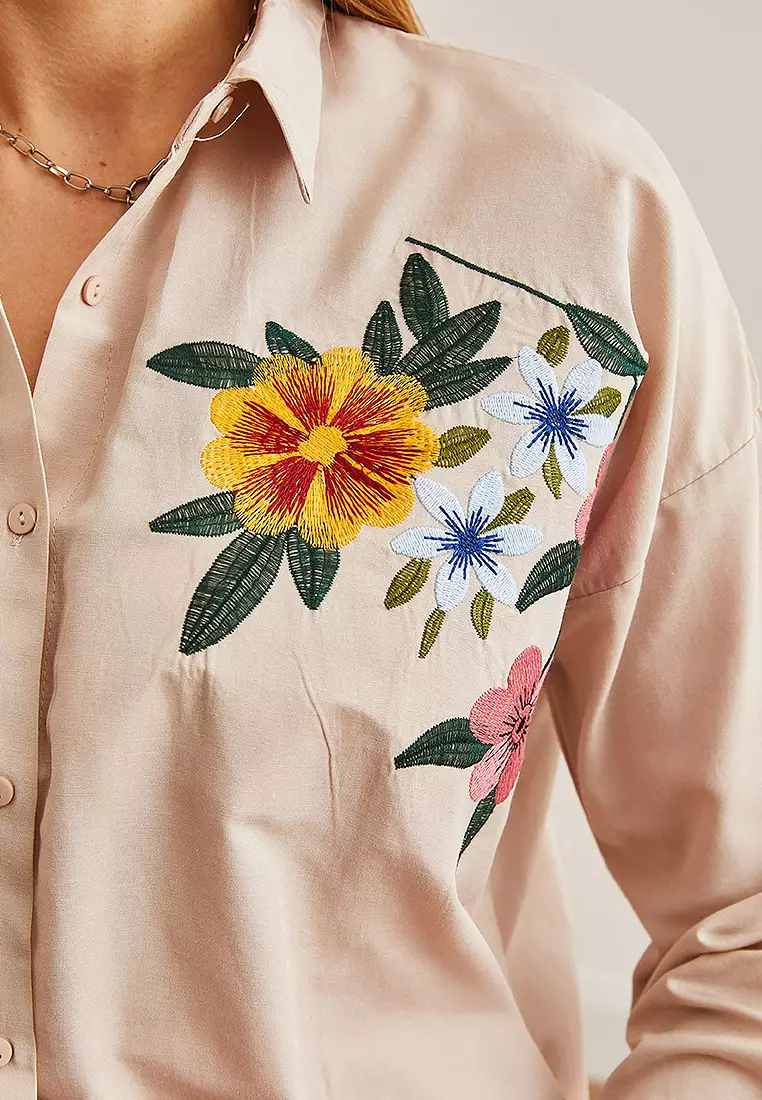 Embroidery Detailed Oversize Woven Shirt