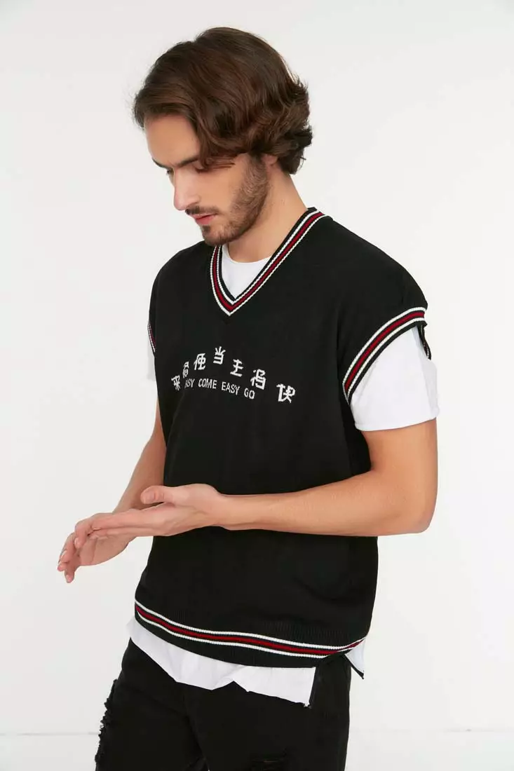 Black Unisex Regular Fit V-Neck Text Detailed Knitwear Sweater