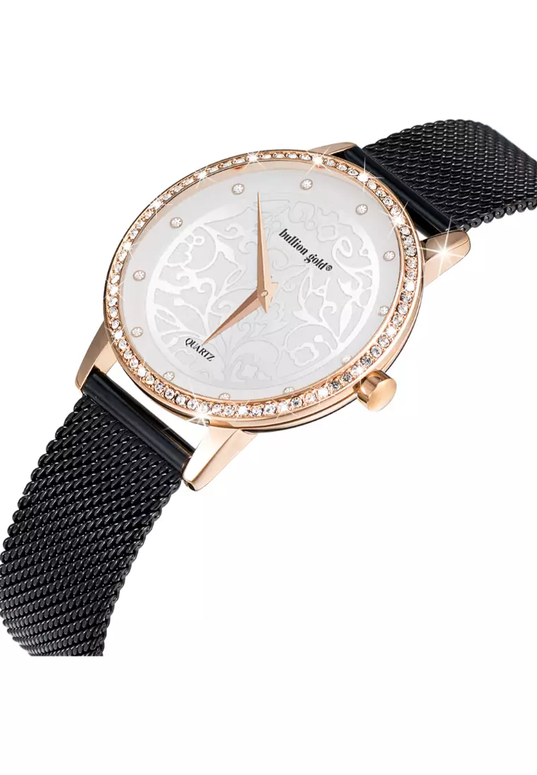 Elite Watch Embellished with Rhinestone - Rose Gold and White