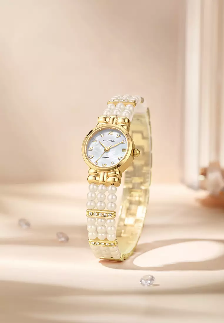 Jam Tangan Wanita Gelang Anti Air Original Fashion Korea Tali Mutiara Jam Tangan Cewek Goldwhite