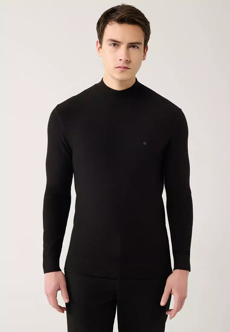 Men's Black Half Turtleneck Textured Collar Knitwear Sweater A32Y5166