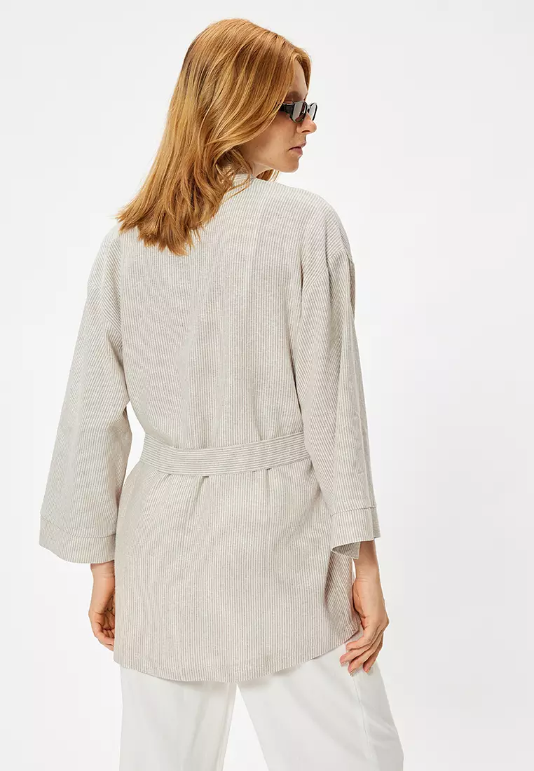 Oversize Linen Kimono Wide Long Sleeve and Belt Detail