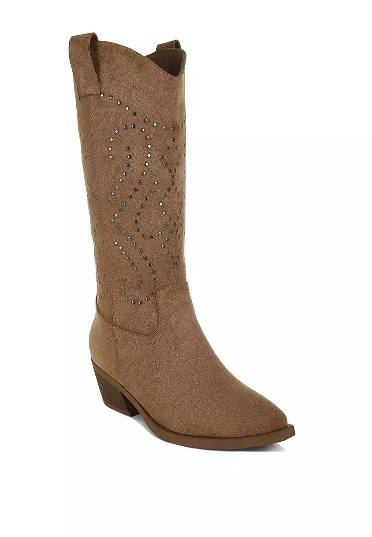 Sepatu bot koboi berhias stud warna Camel