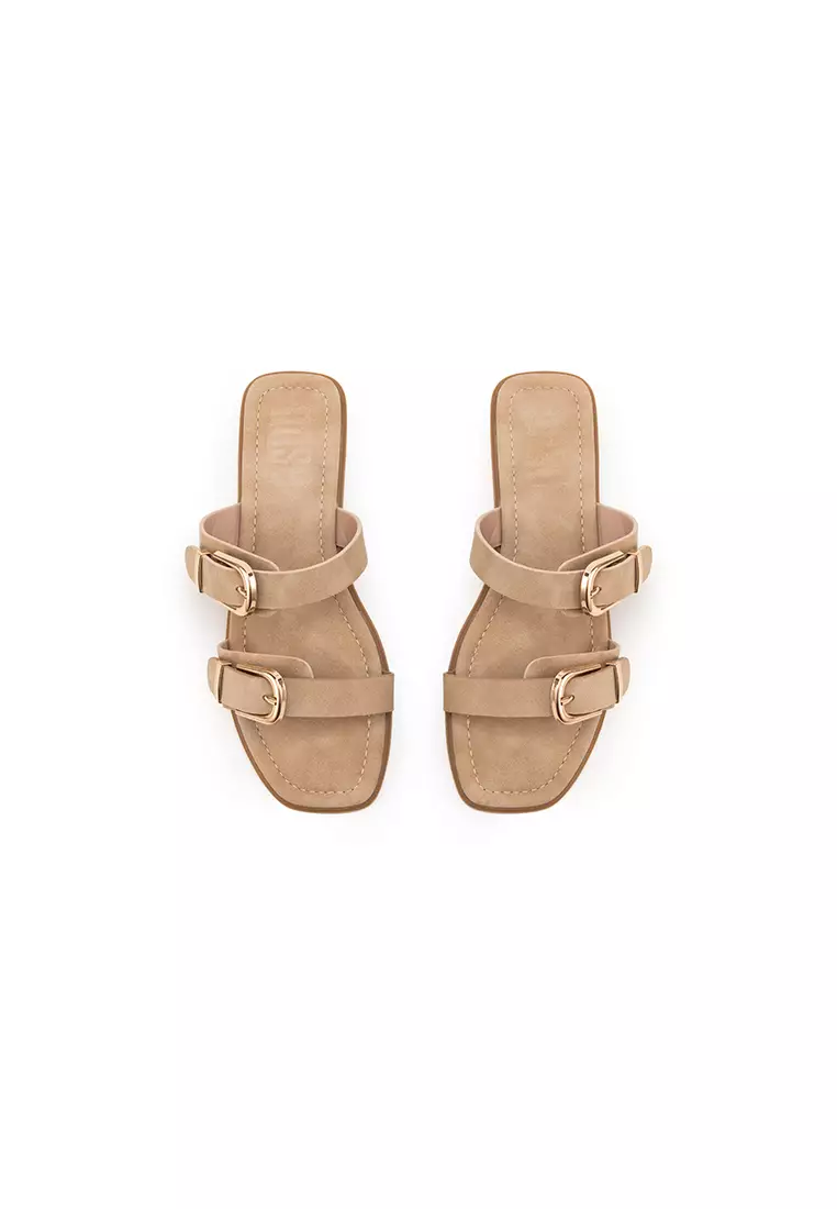 金扣双带平底拖鞋BUCKLED DUO STRAP FLAT SLIDE