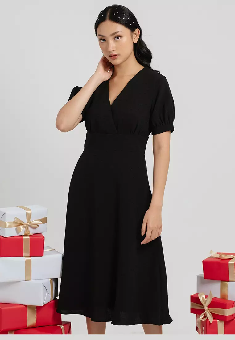 Mary V Neck Puff Sleeve Dress in Black