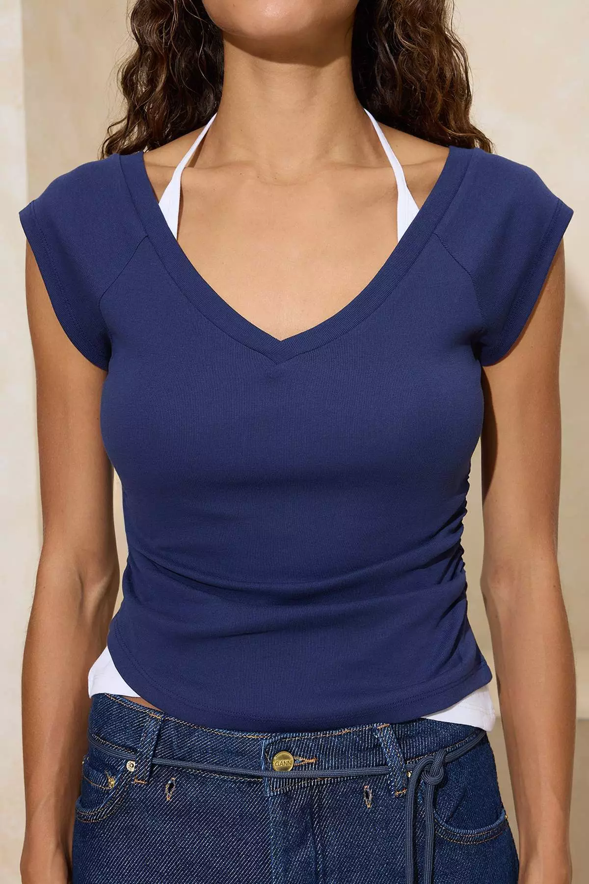 Navy Blue Body-Fitting Double Look V-Neck Short-Sleeved Cotton Rib Knitted Blouse Twoss26Bz11