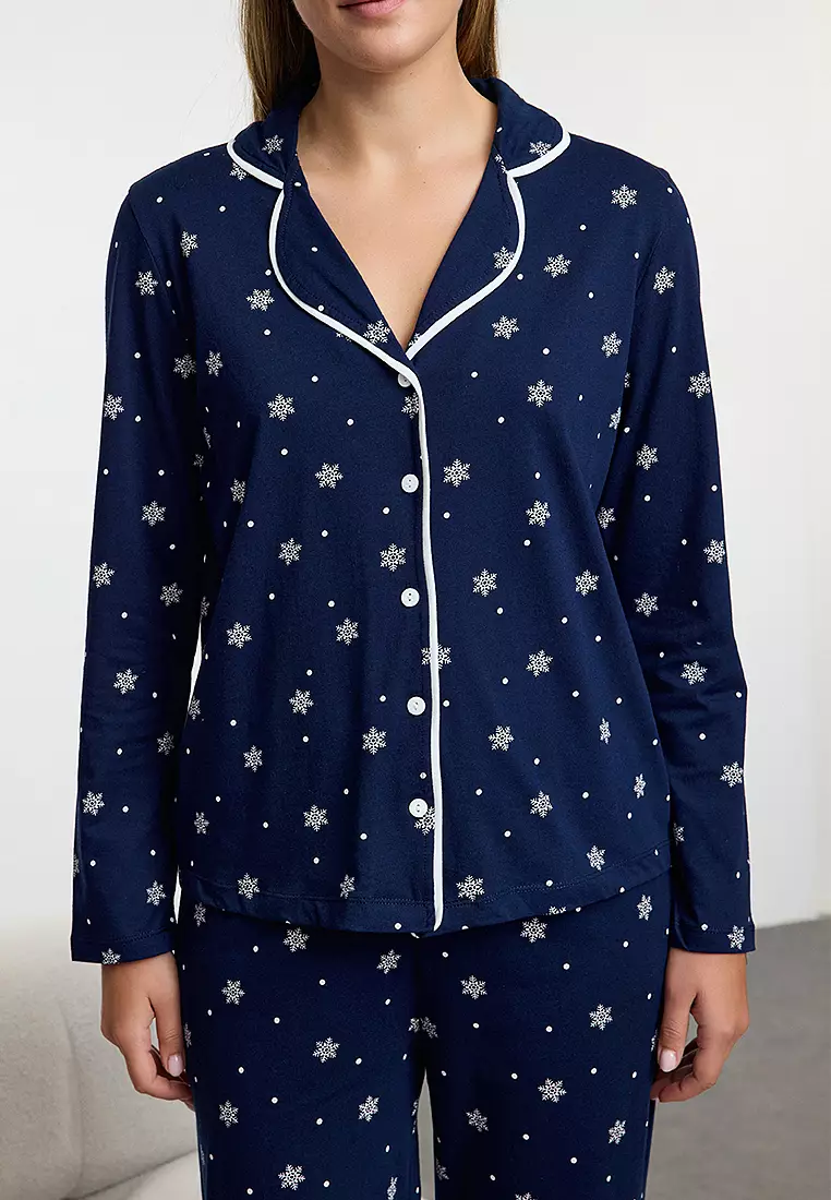 Navy Blue Winter Themed Piping Knitted Pajama Set