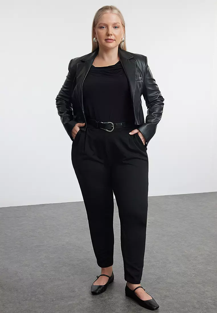 Black Carrot Fit Knitted Plus Size Trousers Tbbaw25Ar00002