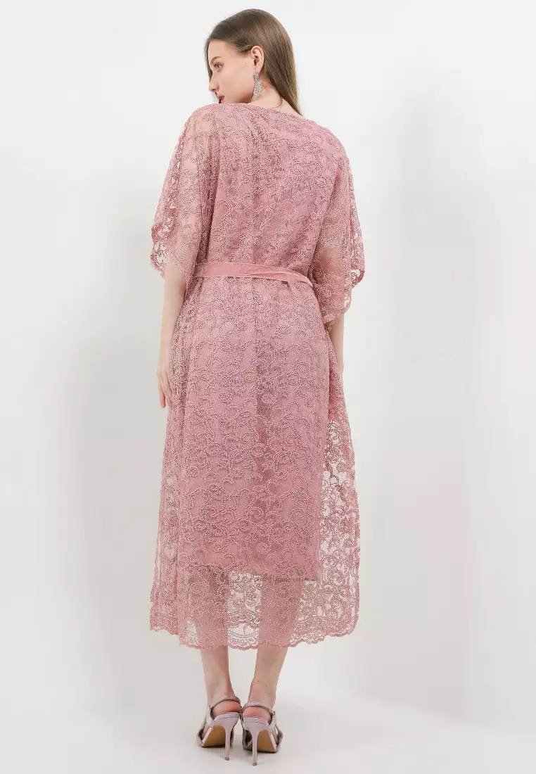 Belted Emb Tulle Batwing Kaftan W/ Corsage