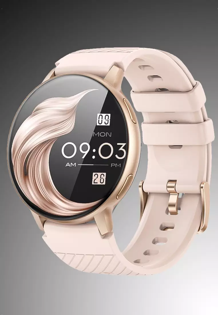 Unisex Round Smart Watch - 1.39 inch Large HD Screen - With 2 Rubber Straps (Black & Pink) - Rose Gold Color