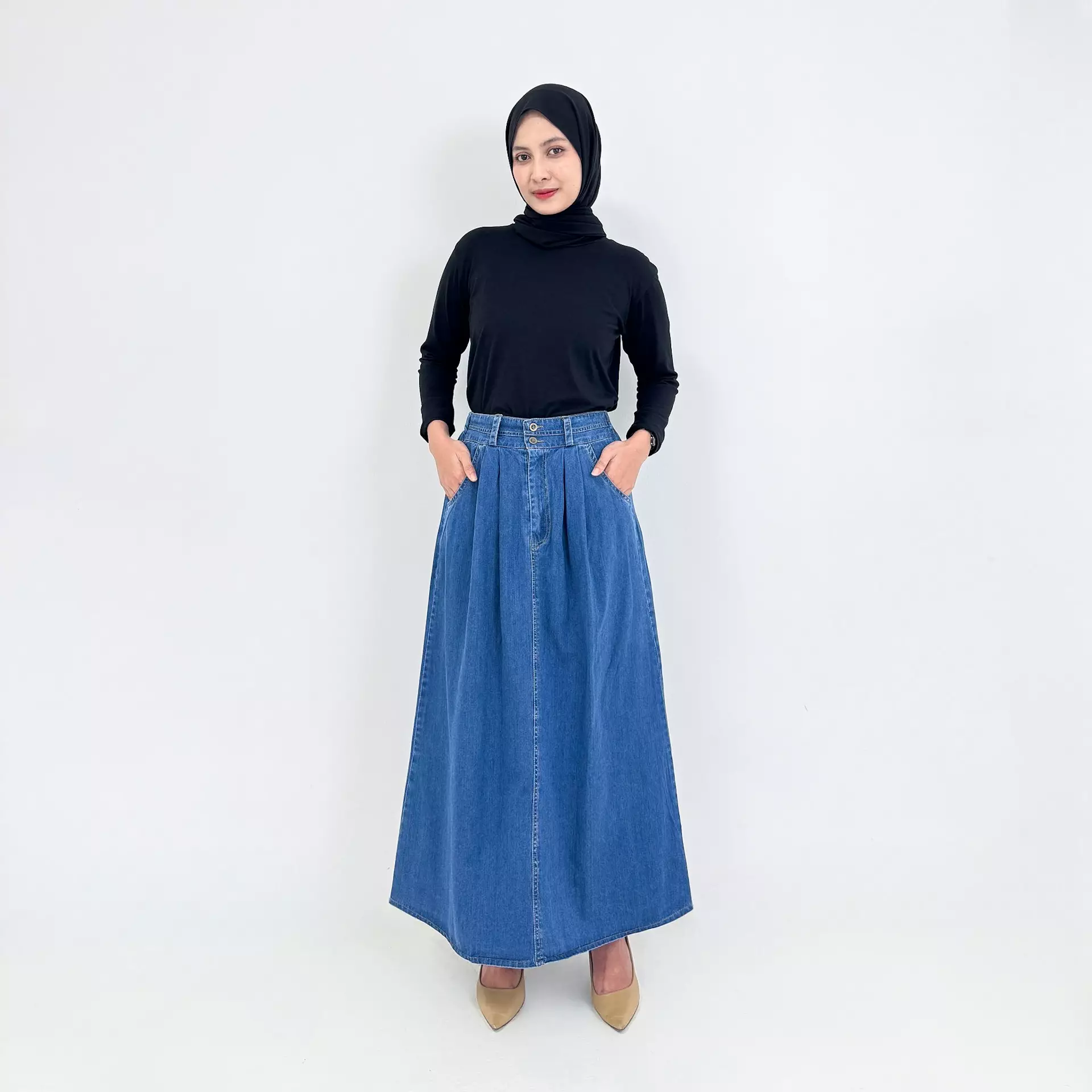 Aisah Denim Skirt BLUE Rok Panjang Jeans Wanita Fit 85 Kg